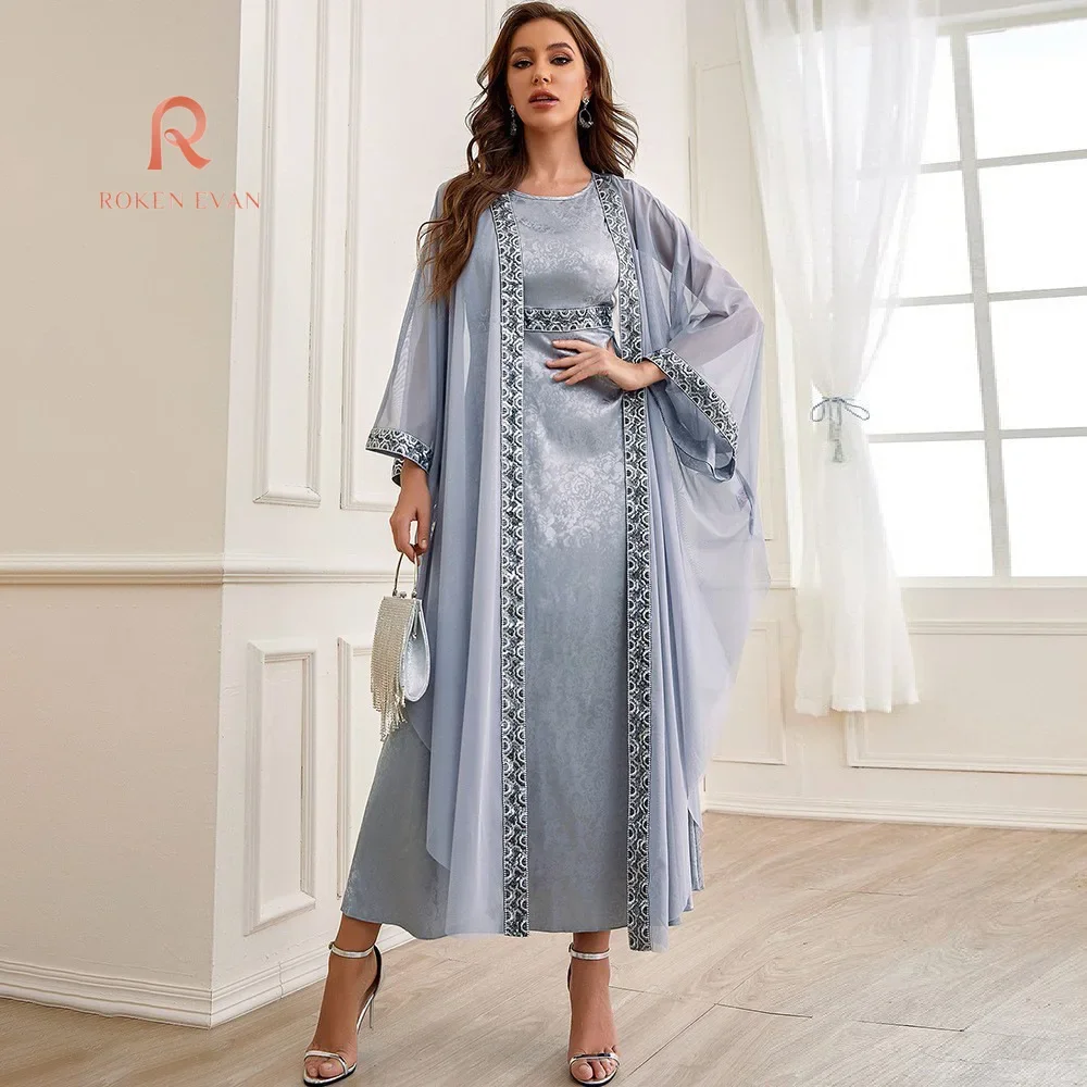 ROKEN EVAN 2024 Women Middle Eastern Muslim women's embroidered set Dress Sets Sliver color  muslim dress women