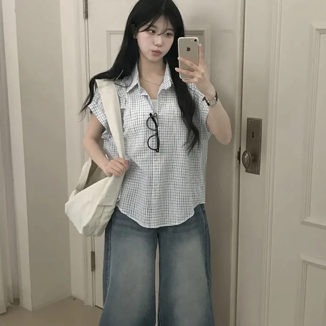 

2026 Summer New Chic Fashionable Loose Short Sleeve Plaid Shirt Women's Top Versatile Single Button Korean Style Casual Shirt