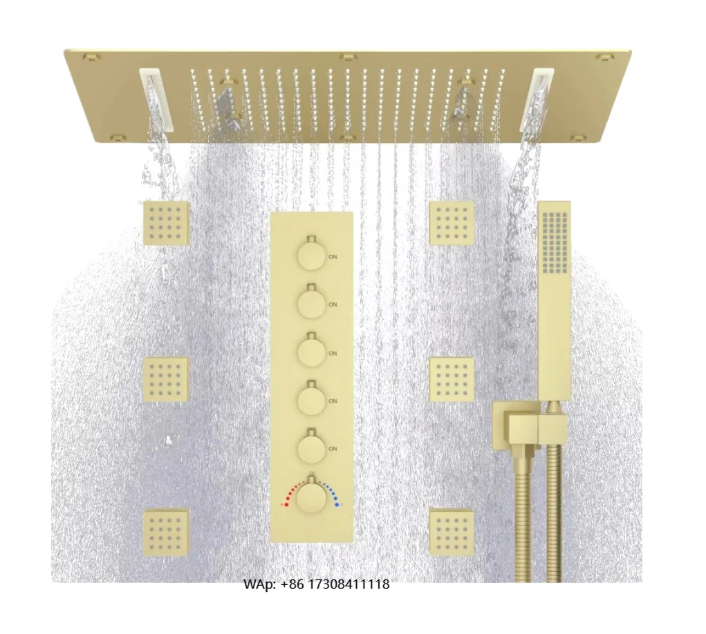 

12-Inch Luxury Hotel Use Polished Brass Thermostatic Shower System Brushed Gold Rain Pattern Massage Body Jets Water Faucet Set