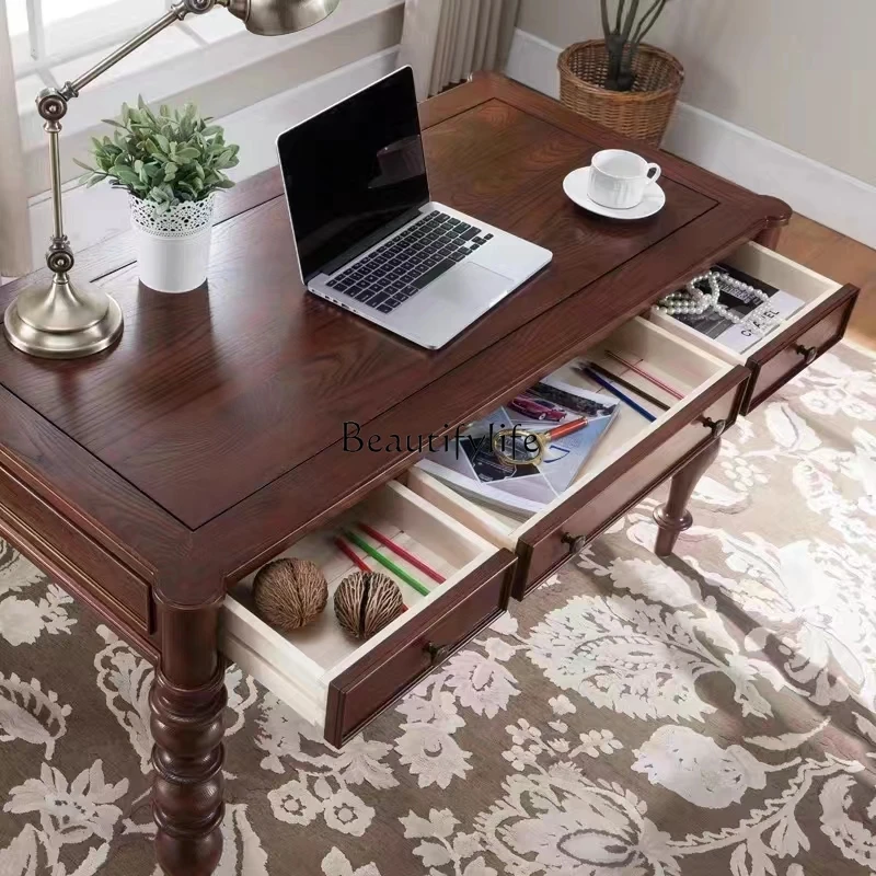 American solid wood simple light luxury desk retro engraving European black minimalist computer desk
