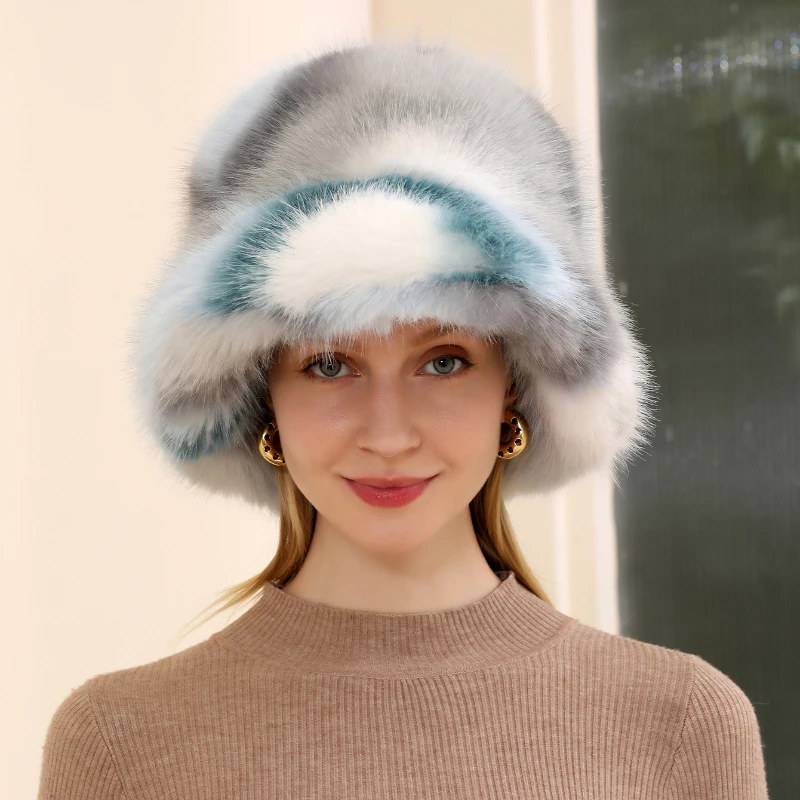 2024 luxus Flauschigen Faux Pelz Eimer Hut Frauen Imitation Pelz Warme Kaninchen Pelz Kappe Russische Frauen Panama Fischer Hut Bob Großhandel – Detail 3