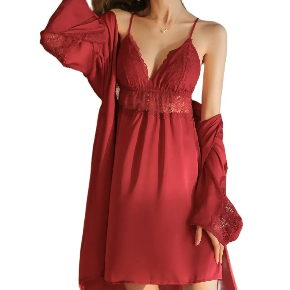 Sheer Sexy Robe Set Night Wears Robes for Women Luxury Silk Pamajas Sets Night Dress Nightgown Lace Sleepwear Backless Autumn