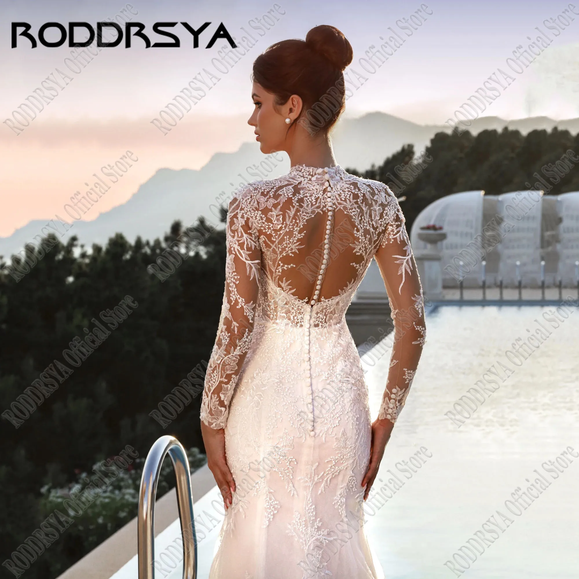 RODDRSYA 맞춤형 우아한 긴 웨딩 드레스 2025 풀 슬리브 Tulle Applique Sweep Train a 라인 여성 Vestidos De Novias