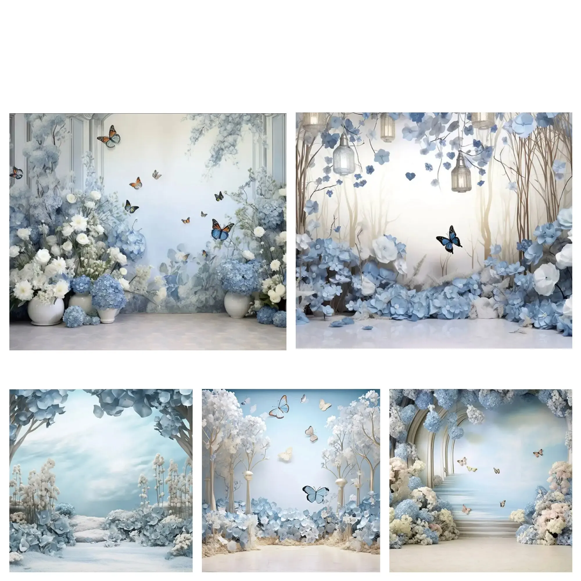 Blue Photography Background Spring Garden Blue Flowers Butterfly Child Birthday Party Portrait Decor Backdrop Photo Studio