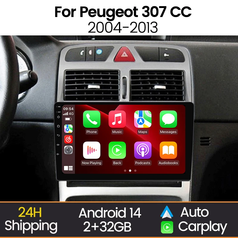 2GB+32GB Android 14 Car Radio for Peugeot 307 307CC 307SW 2001-2013 Wireless Carplay AUTO Navigation GPS Multimedia Video Player