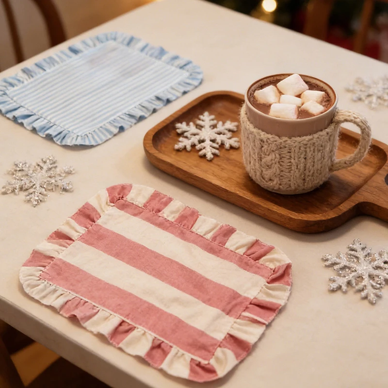 *Minimalist Stripe Ruffle Placemat Coffee Table Mat, Baking Food Photography Napkin Home Desktop Decoration