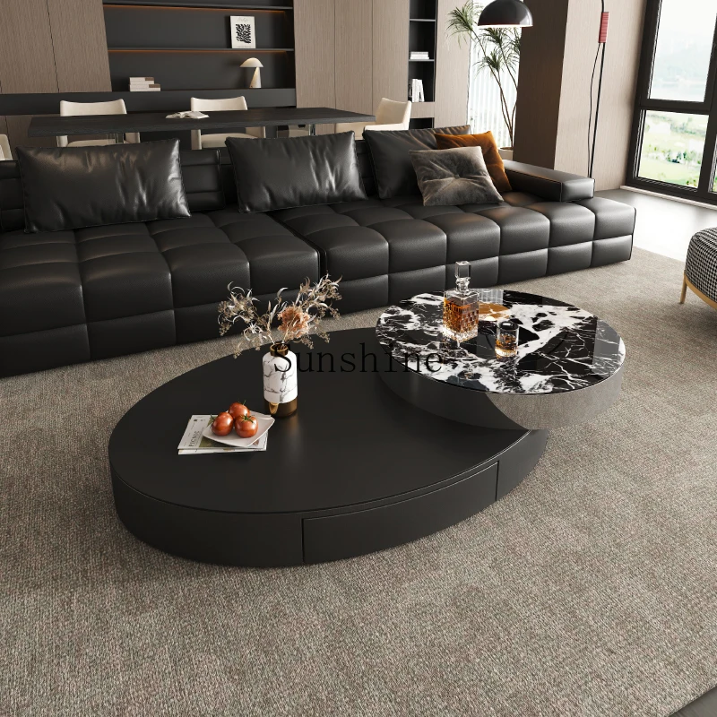 

Italian light luxury rock slab creative living room household oval rotatable coffee table