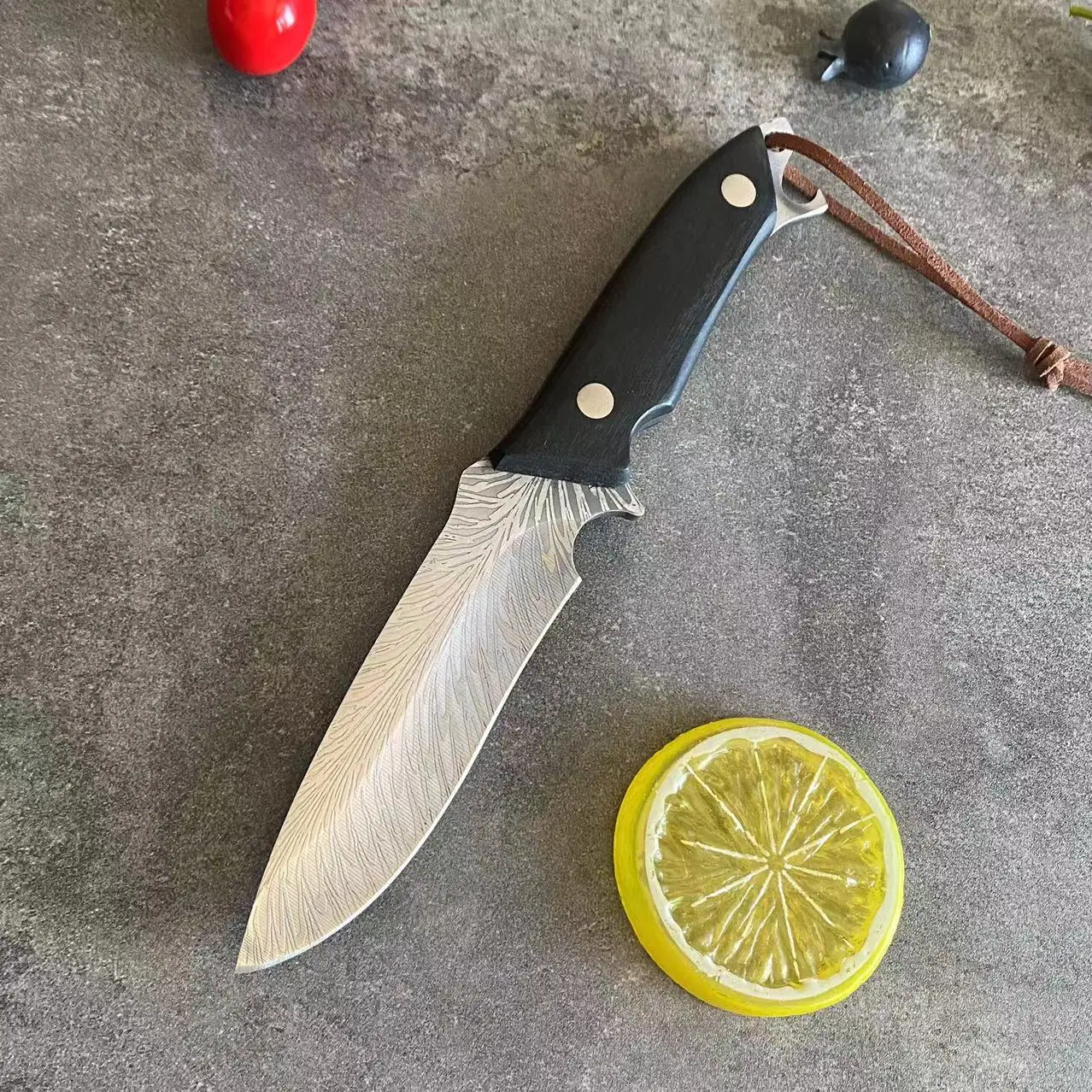 Solid wood handle +D2/Laser feather pattern outdoor knife handmade knife fruit knife high hardness straight knife