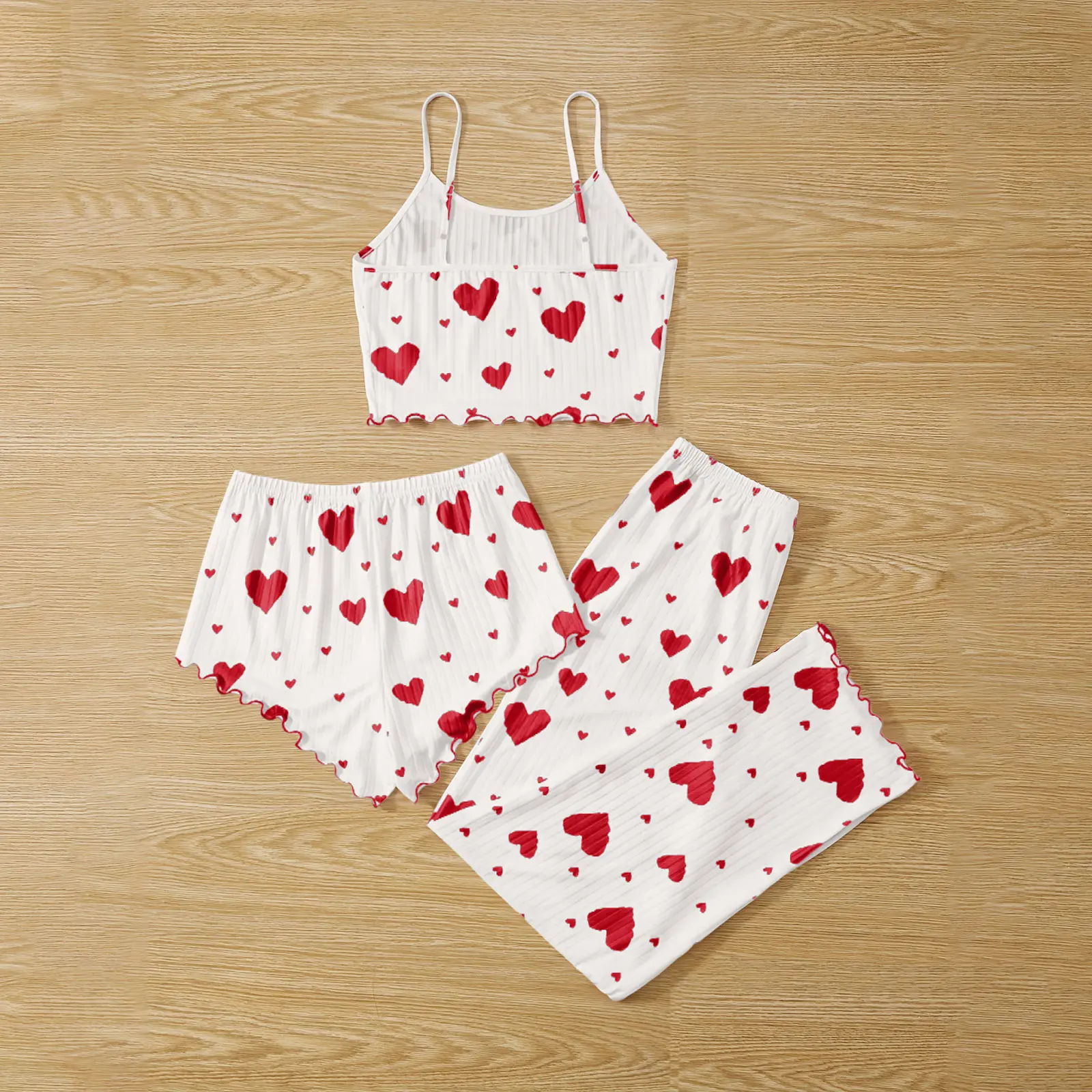 

Women Pajamas Pajamas Set 3 Piece Short Vest + Short + Full Length Trouser Breathable Soft Casual Love Print Home Suit Set