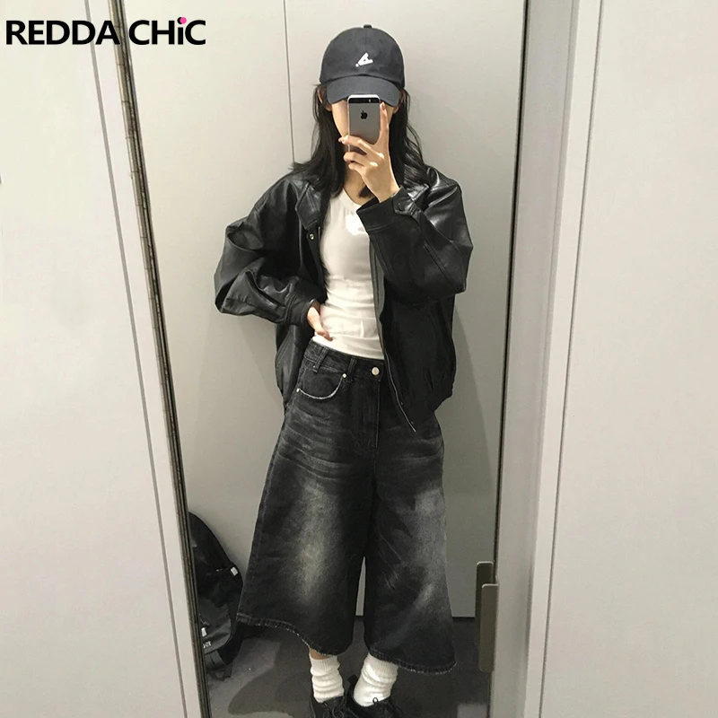 

REDDACHiC Acubi Fashion Women Whiskers Denim Shorts Solid Black Washed Low Waist Frayed Wide Leg Baggy Jorts Summer Streetwear