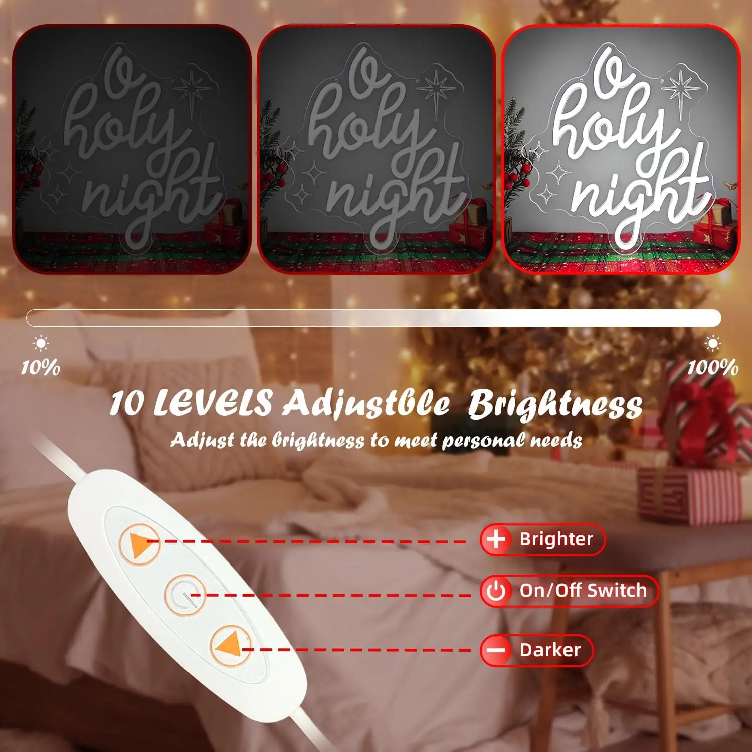 O Holy Night Neon Sign LED Wall Art Christmas Star White Script USB Powered Dimmable Acrylic Glow Lamp Xmas Home Decor