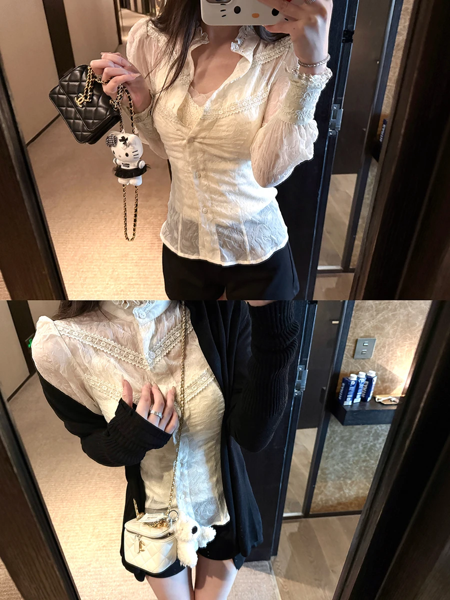 

NAOAO Vintage Love Letter 2025 Autumn Long Sve Lace Patchwork Waist Cinched Transparent irt Sexy Fit Women's Faion