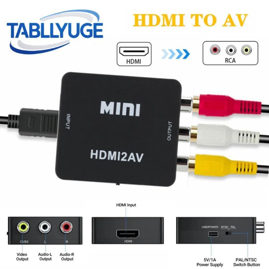 

TABLLYUGE 1080P HDMI-compatible to AV RCA Converter Box HDMI2AV Adapter With USB Cable Support NTSC PAL For PC HDTV Projector