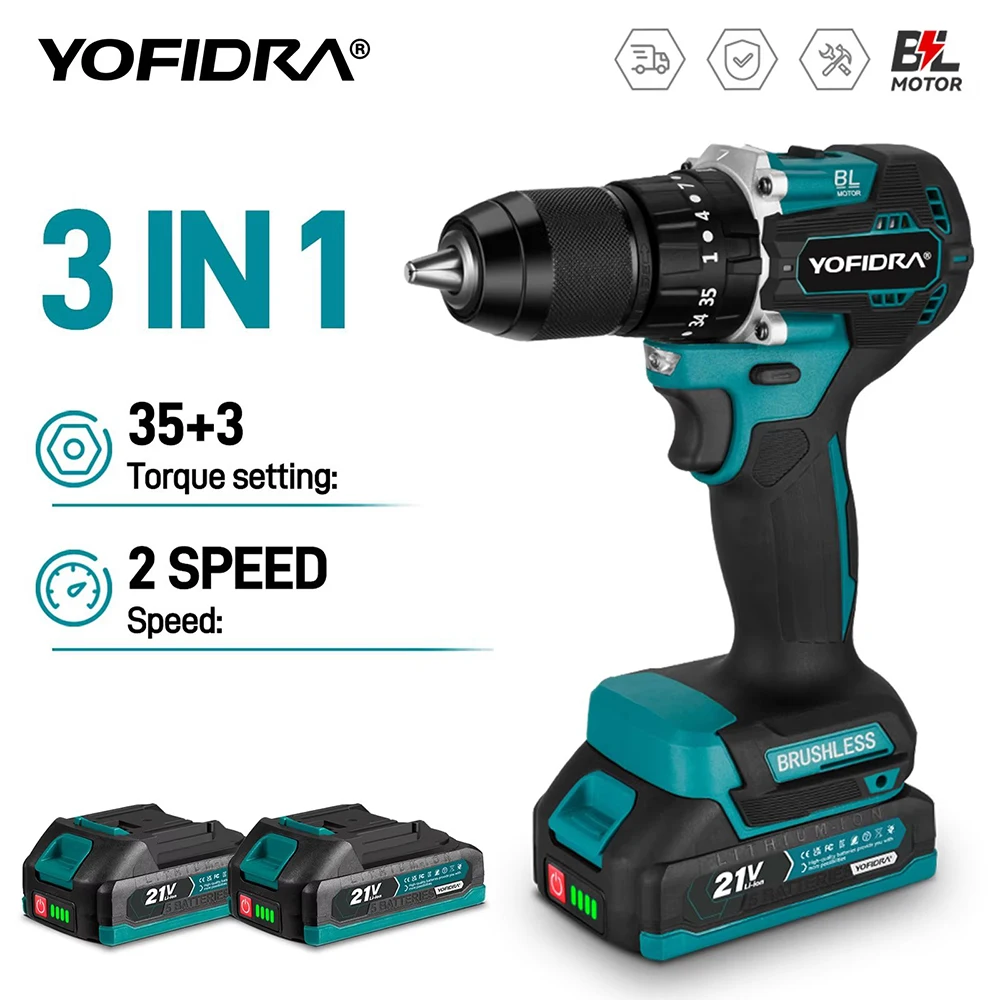 YOFIDRA 35+3 Drehmoment Bürstenloser Elektrischer Schlagbohrer 13MM Elektrischer Schraubendreher-Set Kabellose DIY-Werkzeuge für Makita 18V Akku