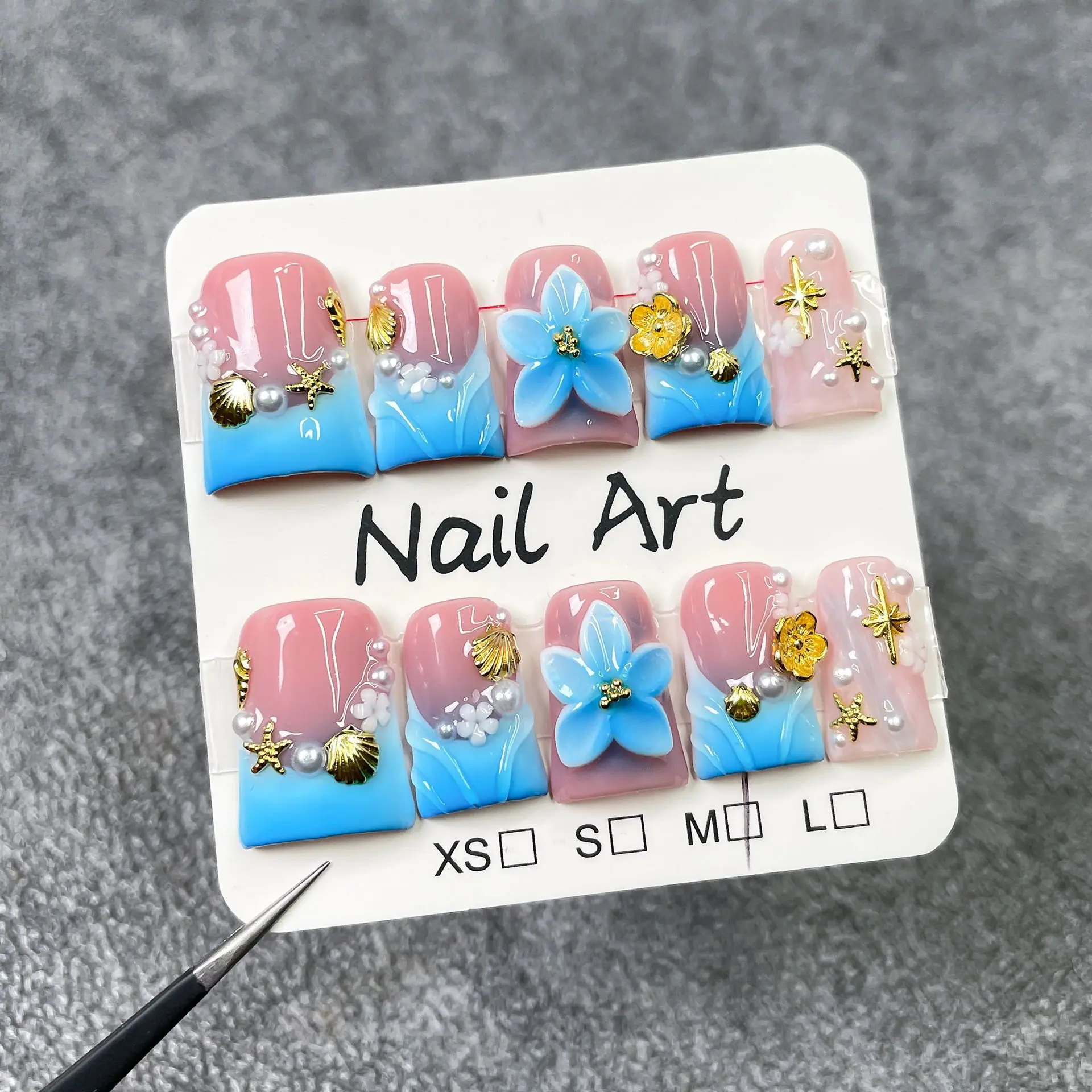 10 Uds. De flores cortas de pico de pato hechas a mano, juego de uñas postizas con diseño de concha de perla, arte reutilizable, punta de uña falsa francesa azul