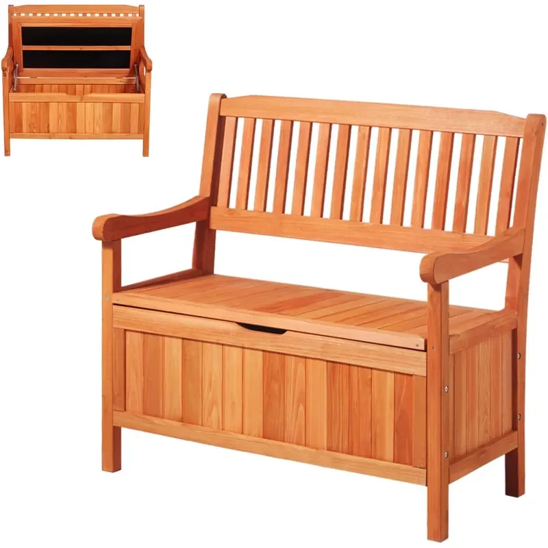 Outdoor Storage Bench 2-Person Wooden Storage Bench 33 Gallons Deck Box with Side Handle Supports up to 705 lbs Outdoor