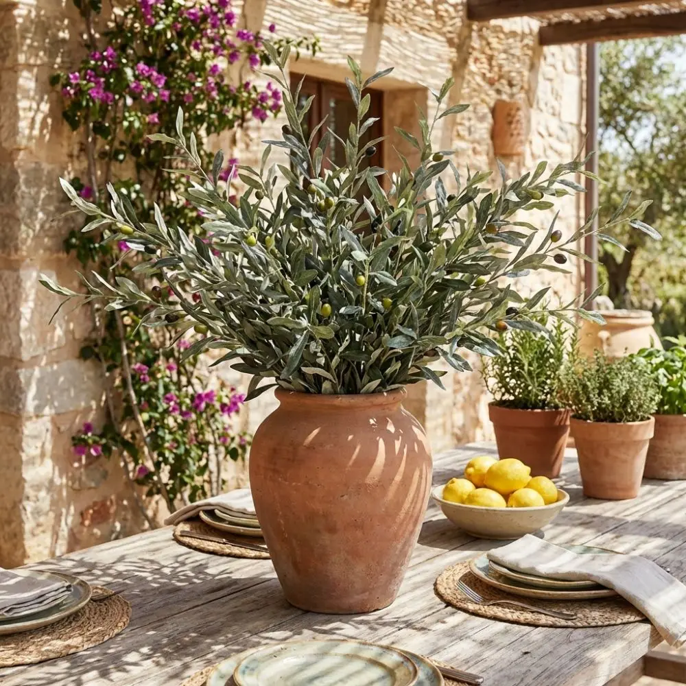Rama de Olivo Artificial de Plástico Realista con Frutos Simulados, Planta de Hojas de Olivo, Artesanía Hecha a Mano, Vegetación Artificial para Bodas y Fiestas