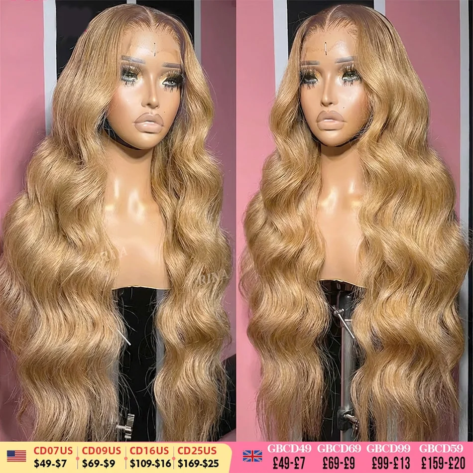 

Парик из натуральных волос Honey Blonde 13x6 HD Lace Front, 250% плотность, волнистый, цвет 27 # Предварительно подготовленные бразильские волосы