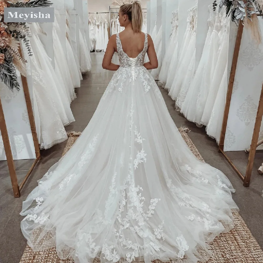 ZJ9416 2025 Bride Backless V-neck Sleeveless A-line Appliques Charming A-line Stylish Wedding Dress For Woman