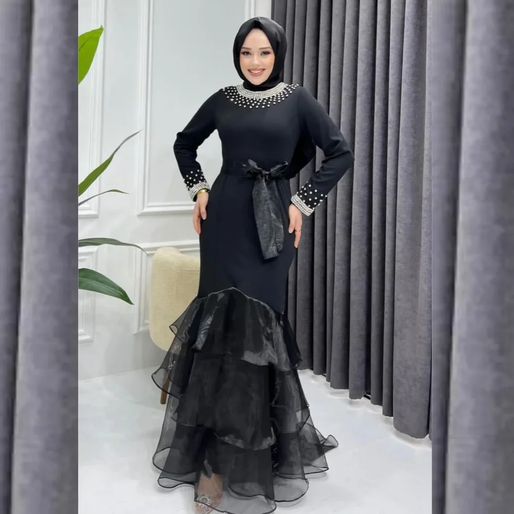 

Black Muslim Mermaid Evening Dress Beaded Collar Hard Yarn Ruffle Ball Dress Wedding Guests Ball Dress Customization