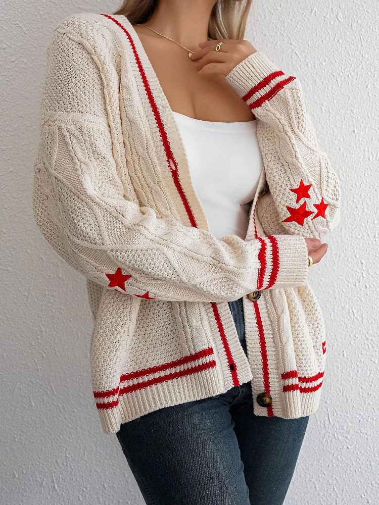 Autumn New Star Embroidered Knitted Cardigan Loose Lazy Wind Loose Sweater Jacket Single Breasted Long Sleeve Top Streetwear