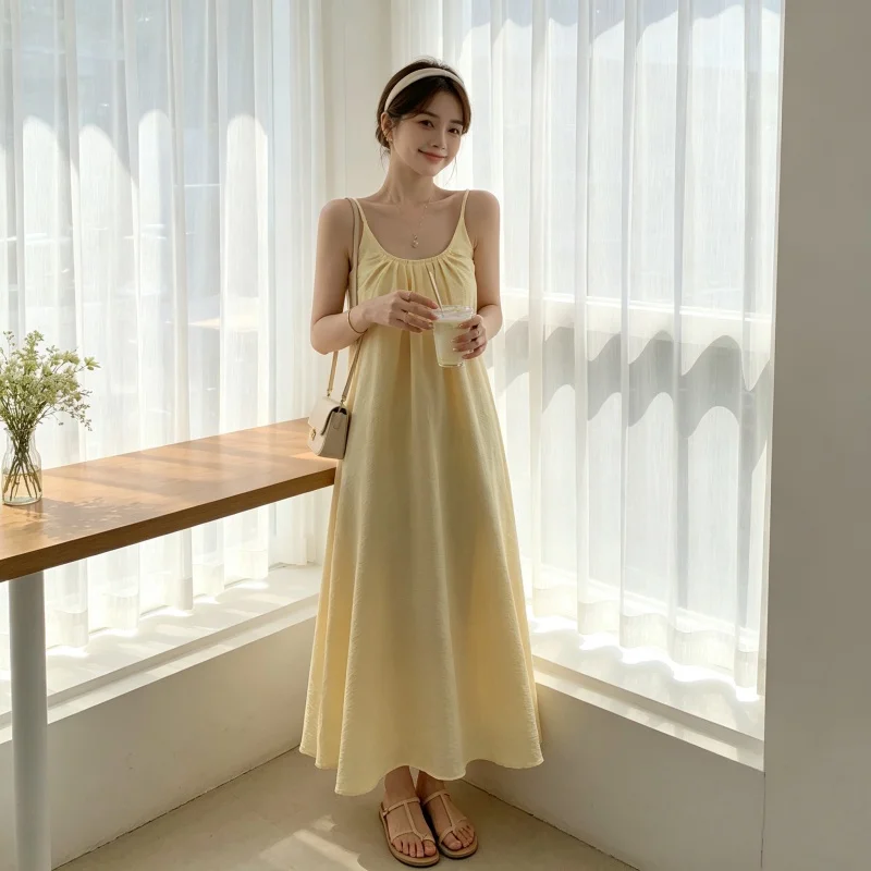 Lightweight Yellow Slip Midi Dress Women Pleated Loose Sling Nightgown Korean Cute Beach Travel Home Dual Wear Loungewear