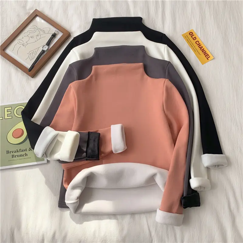 Winter Thermal Underwear Women Fleece Thickening Bottoming Shirt Half Turtleneck Long-Sleeved Basic Fleece Thermal Pullovers