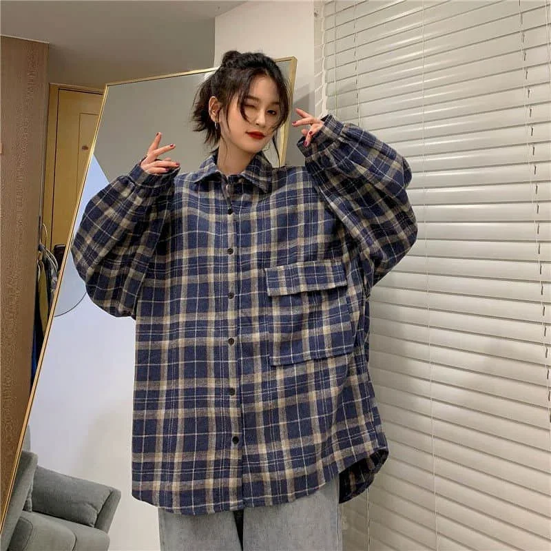 

Plaid Shirts for Women Polo-neck Oversized Brushed Oversized Cardigan Long Sleeve Casual Retro Blouse Korean Style Women Tops