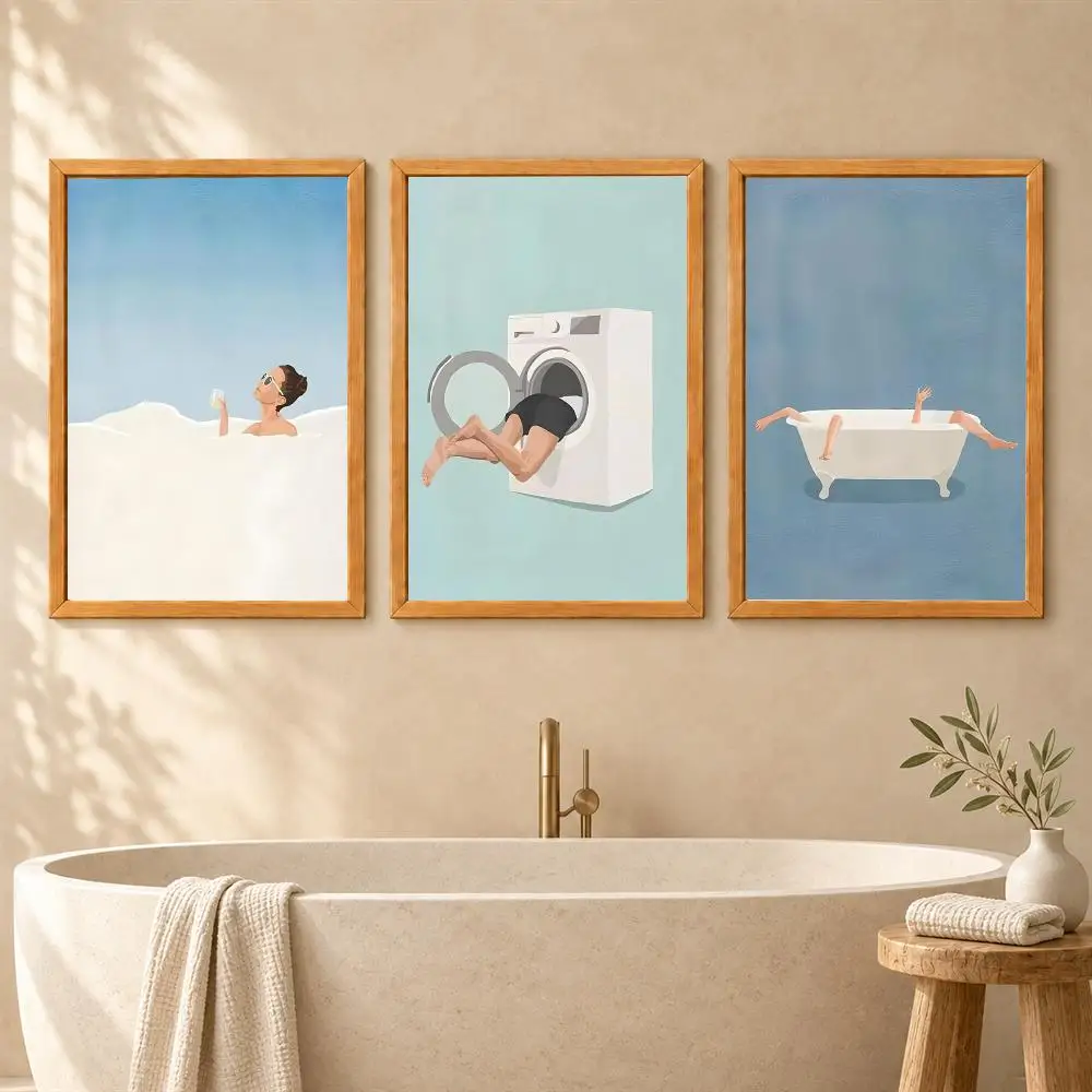 Laundry Girl Washing Machine Bathtub Hair Dryer Poster Wall Stickers Self Adhesive Painting Decals for Bathroom Living Room Home