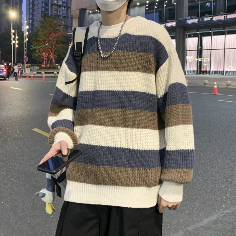 سترة متماسكة مخططة غير رسمية للرجال لخريف وشتاء جديد Sle فضفاض بوت اللون Blo Lazy Sle Faionable ملابس يومية طويلة Sle...