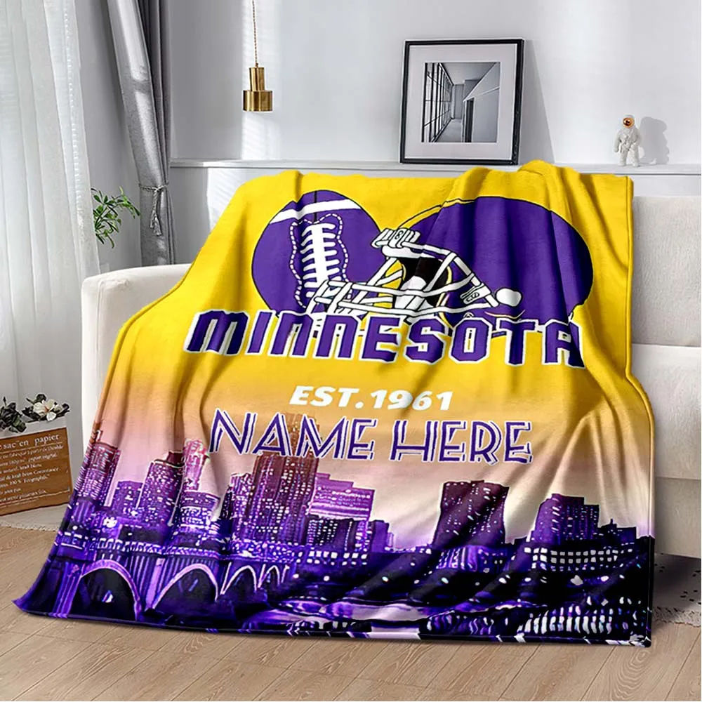 Custom Minnesota Football Blanket Purple Yellow City Skyline Personalized Name Fleece Throw All Season Soft Warm Bedding Gift