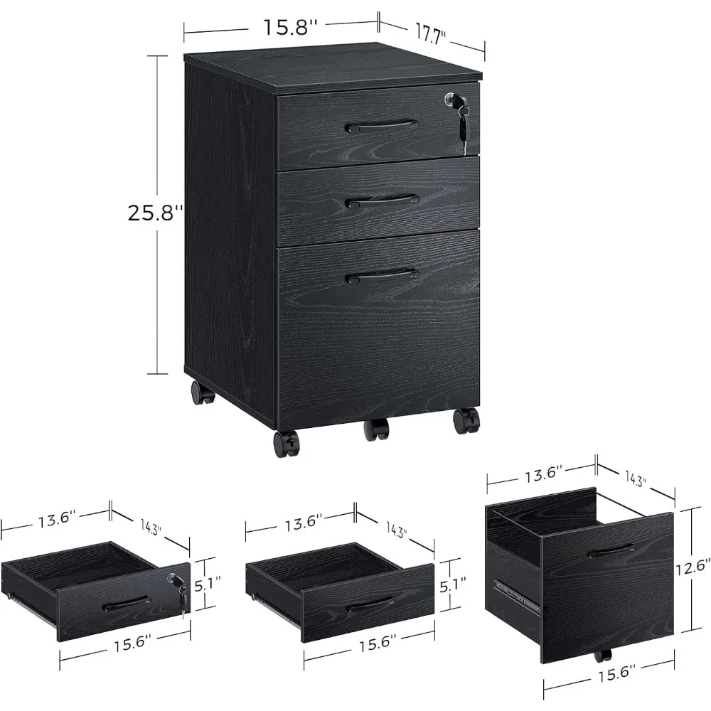 File Cabinet 3 Drawers with 1 Lock, Under Desk Files Cabinet with 5 Wheels and Hanging File Folders, File Cabinet