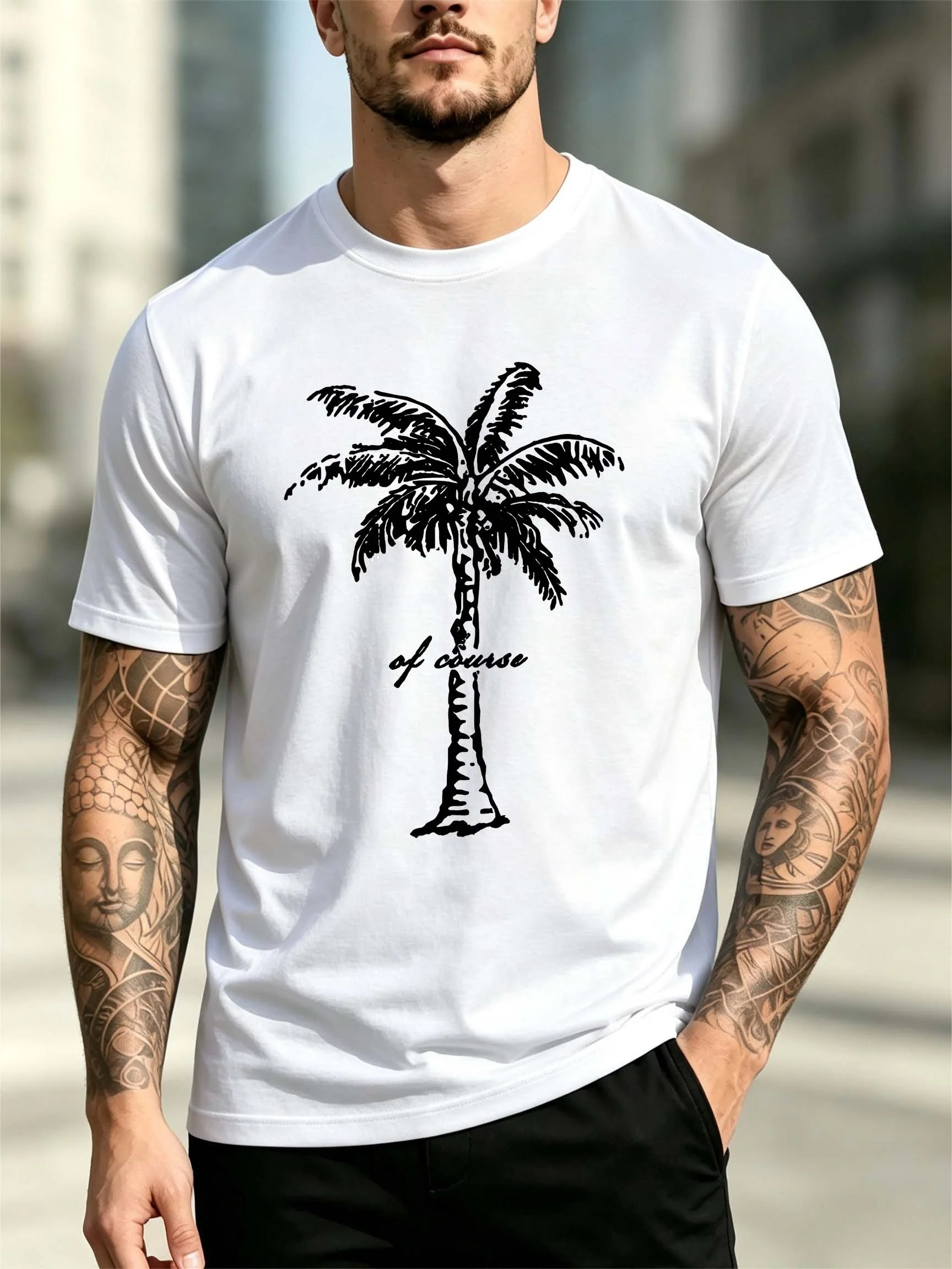 Versatile Men's Round-Neck Short-Sleeve Top for All Seasons, with a Refreshing Island Style Featuring a Single Coconut Tree and Simple English Lettering Print. Suitable for Everyday Wear, Beach Vacations, Loose and Comfortable Black and White Basic Top