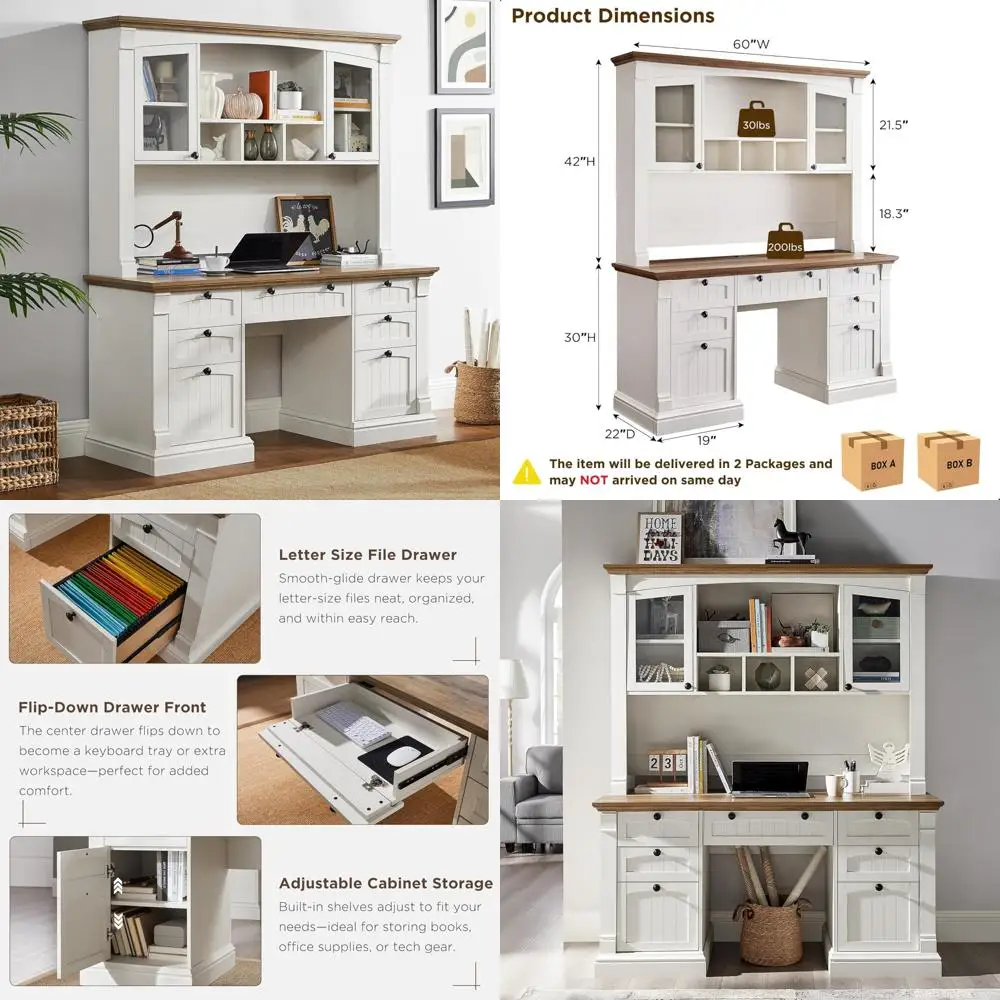 مكتب تنفيذي على طراز المزرعة 60 مزود بخزانة، ومحطة شحن، وصينية لوحة المفاتيح، وتخزين الملفات #1