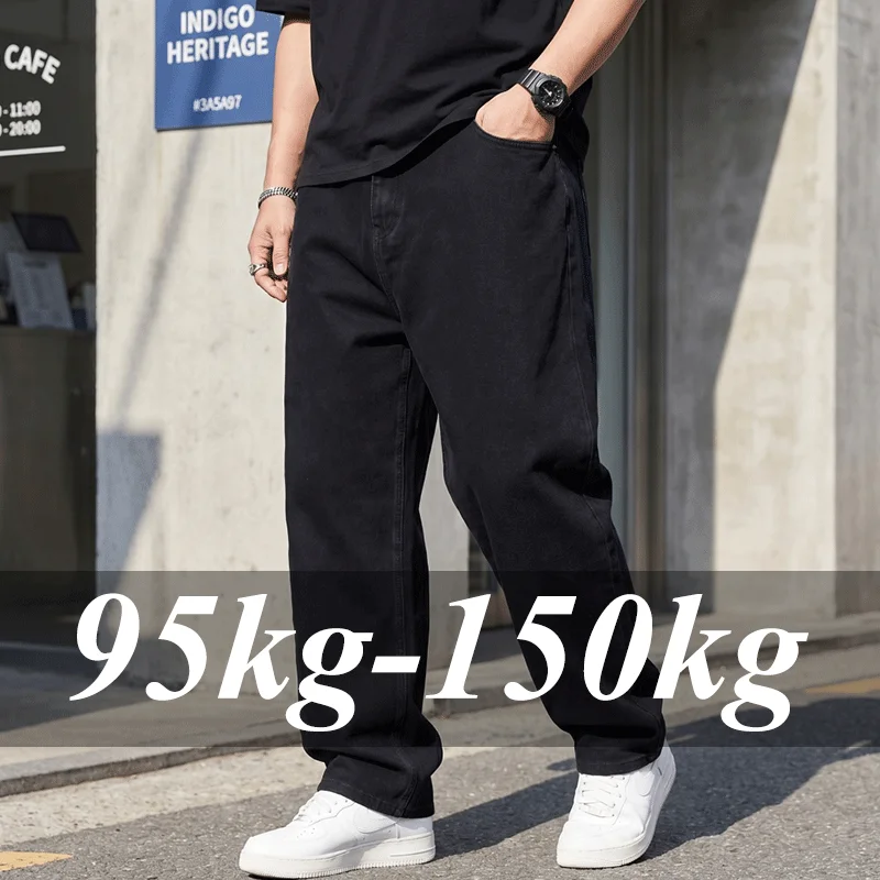 Plus Size Men's Jeans Size 42-50 Long Pants 45-150KG Blue Black Oversize High Waist Loose Trousers Male Denim Jeans Clothing