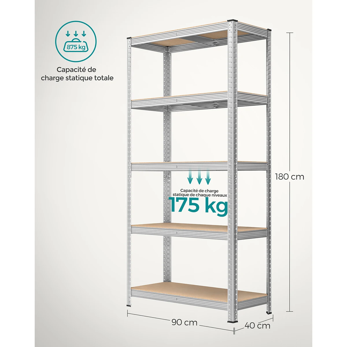 Étagère Charge Lourde métallique,180 x 90 x 40 cm, Étagère de Rangement Planches réglables, pour Garage, Cave