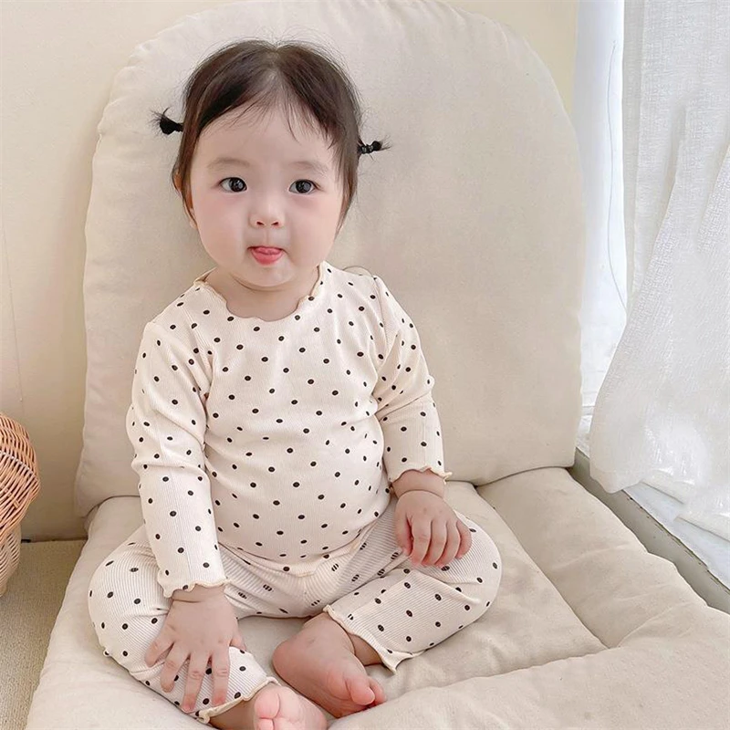 Summer Kids Girls Polka Dot Clothes Set Ribbed Short Sleeve Top + Pants 2Pcs Thin Pajamas For Sleepwear Loungewear 9M-5Years