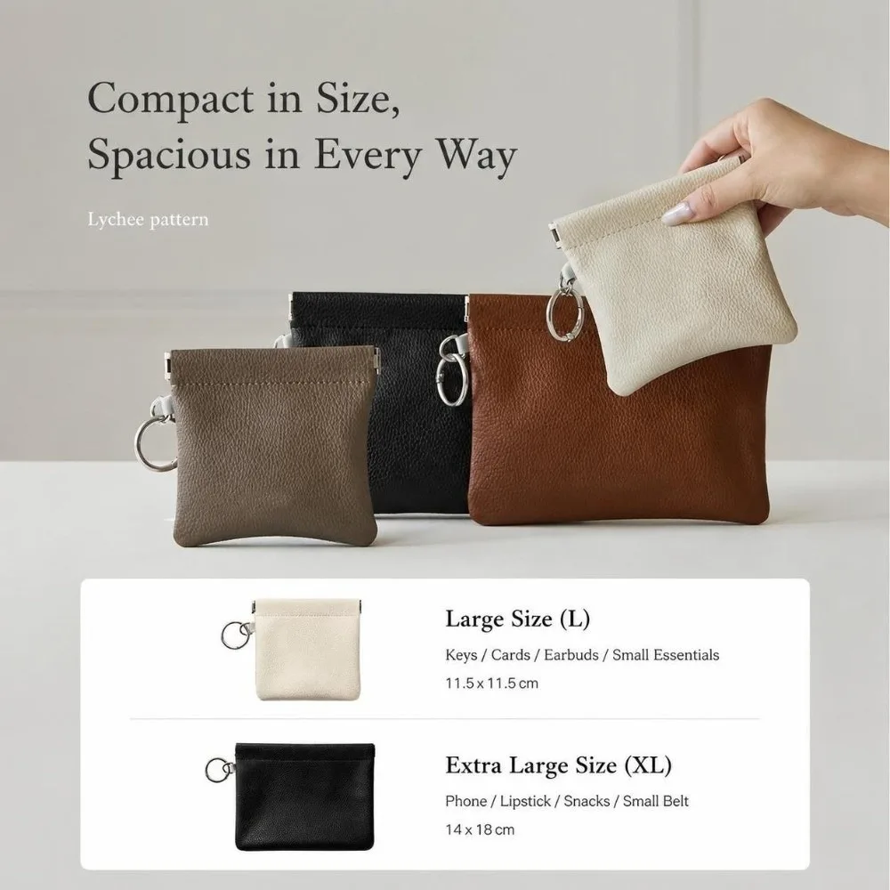 Leather-like Mini Cosmetic Pouch Spring Self-closing Opening with Key Ring Spring Lipstick Storage Bag Small Travel Coin Purse