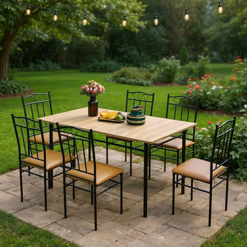 

7-Piece Outdoor Patio Dining Set with Wood Grain Table and Metal Chairs, Perfect for Deck, Garden, and Balcony Gatherings