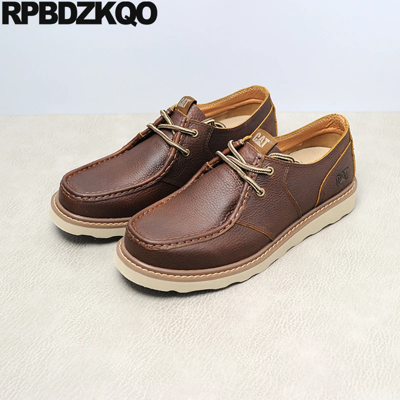 

Safety Real Leather Men Durable Cow Skin Handmade Work Brown Shoes Round Toe Outdoor Wallabees Lace Up Goodyear Welted Flats