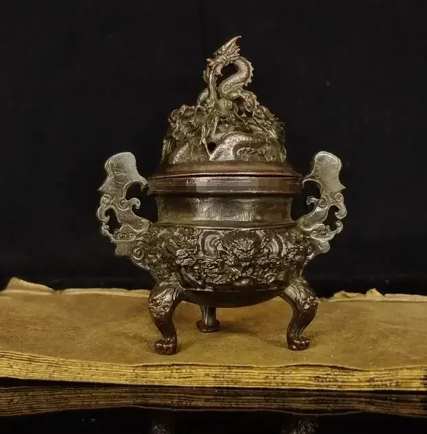 9.5cm Old China Copoper Dyansty Palace Dragon 2 Ear Incense Burner Censer