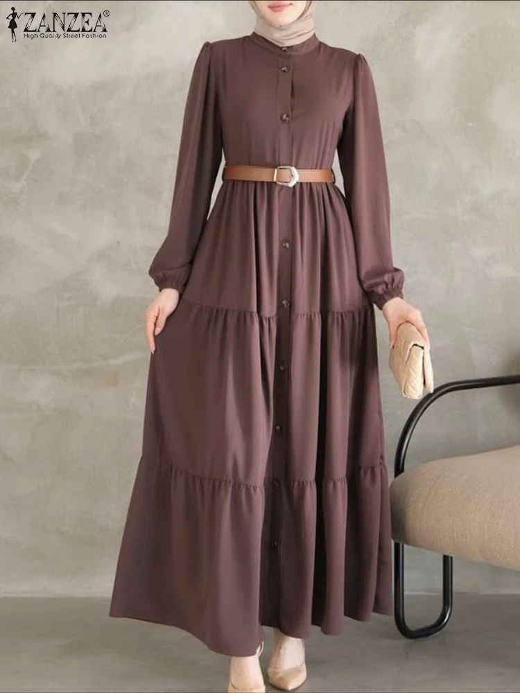 Elegant Muslim Abaya Dress ZANZEA Women's Dresses 2025 Fashion O Neck Long Sleeve Sundress Pleated Robe Buutons Vestidos Kaftan