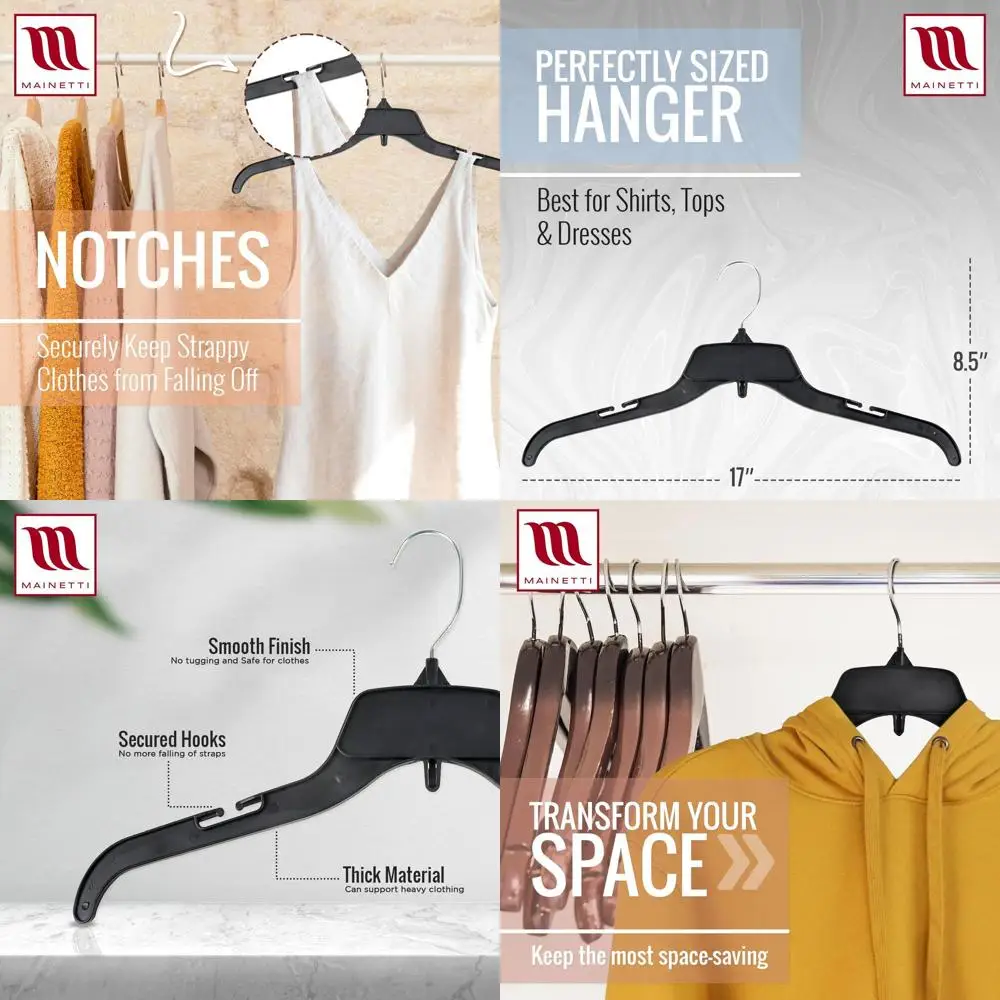 

100 Pack 17-Inch Black Plastic Hangers with Rotating Hooks for Shirts, Tops, and Dresses