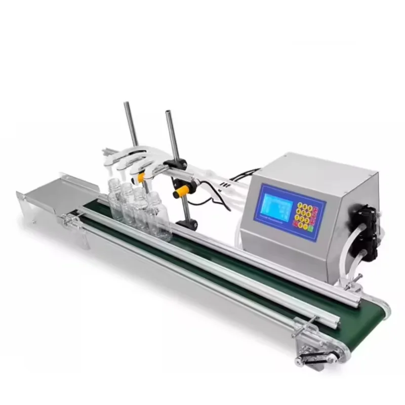 

Industrial 4-Heads Peristaltic Diaphragm Pump Filler - With Conveyor, Suitable for Wine/Essential Oil/Juice/Drink Bottle Filling