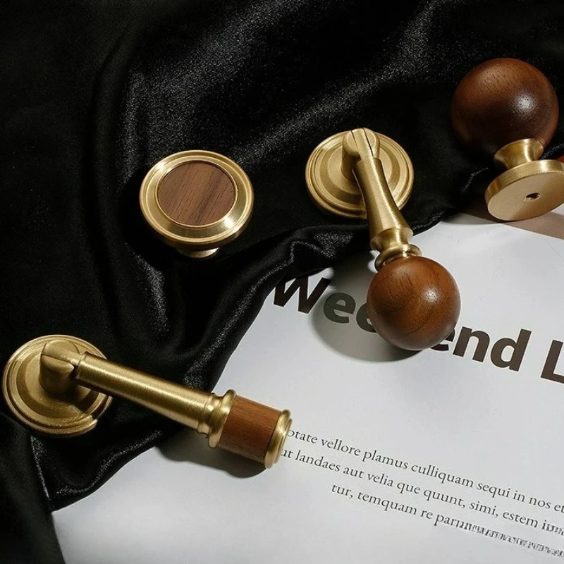 Solid WoodBrass and Walnut Furniture Handle Antique Bronze Kitchen Cabinet Handle WardrobeDoor Dresser Drawer Knob Cupboard Pull