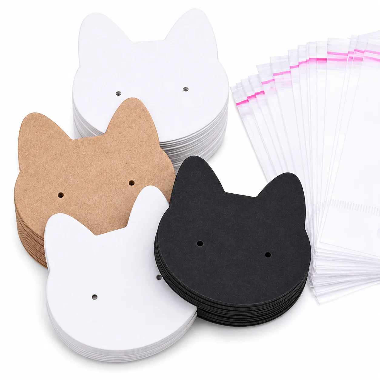 100-teiliges Set: 50 Katzenförmige Ohrring-Displaykarten und 50 selbstklebende Beutel, Kraftpapierkarten für Schmuckverpackung und -präsentation – Detail 1