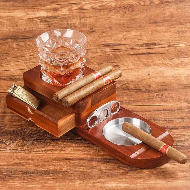 Wooden Cigar Ashtray Solid Wood Coaster Whiskey Glass Tray Cigar Holder Desktop Ashtray Cigar Accessories