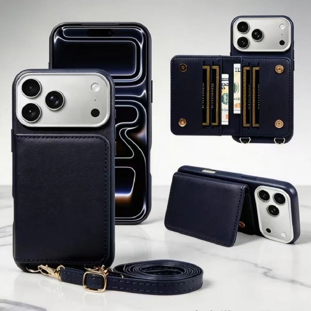 

Detachable Shoulder Strap Solid Color Phone Cover for iPhone Air 17 16 15 14 Plus 13 12 Pro Max with Built-in Wallet Cards Case