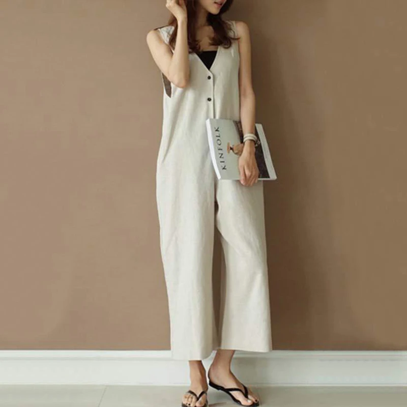 

Summer New Women Sleeveless Pocket V-neck Jumpsuits Casual Button One Piece Pants Rompers