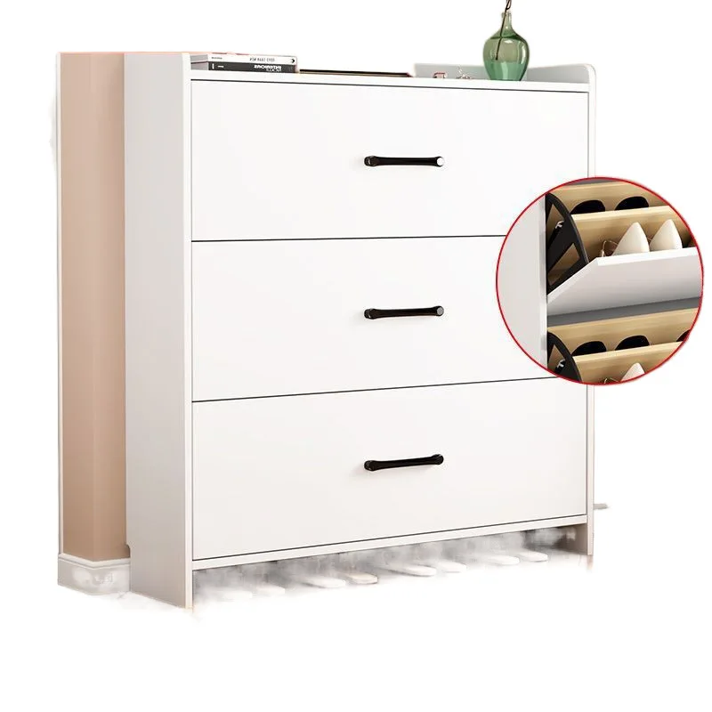 

Ultra-thin solid wood tipping bucket shoe cabinet, door against the wall, small entrance cabinet